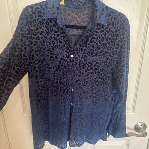 Blue and Black Leopard Print Sheer Blouse